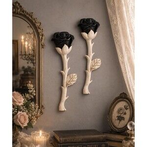 Set of 2 Gothic Black Rose Wall Hangings Whimsigoth Floral Decor White Stem 12"